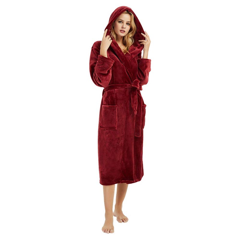 HEARTNICE Womens Hooded Fleece Robe, Soft Plush Bathrobe for Womens, Fluffy Cute Long House Coat (A-Wine Hooded, S/M) - Image 5